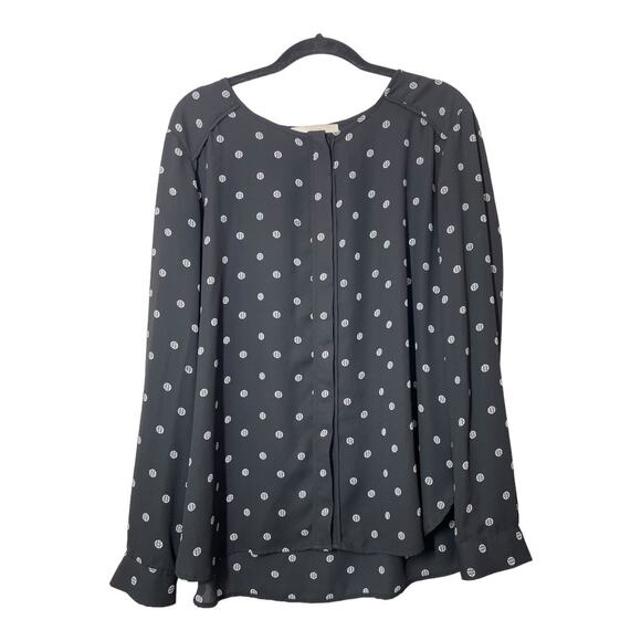 LOFT Geometric Print Blouse Large Long Sleeve Black White Button Front Circle - Picture 2 of 7